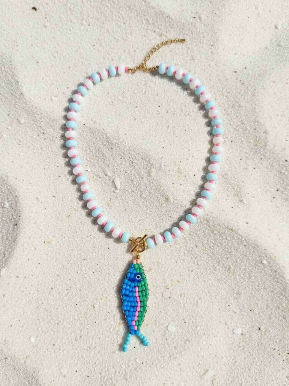 Handcrafted Blue & Pink Beaded Fish Necklace - Women Jewelry